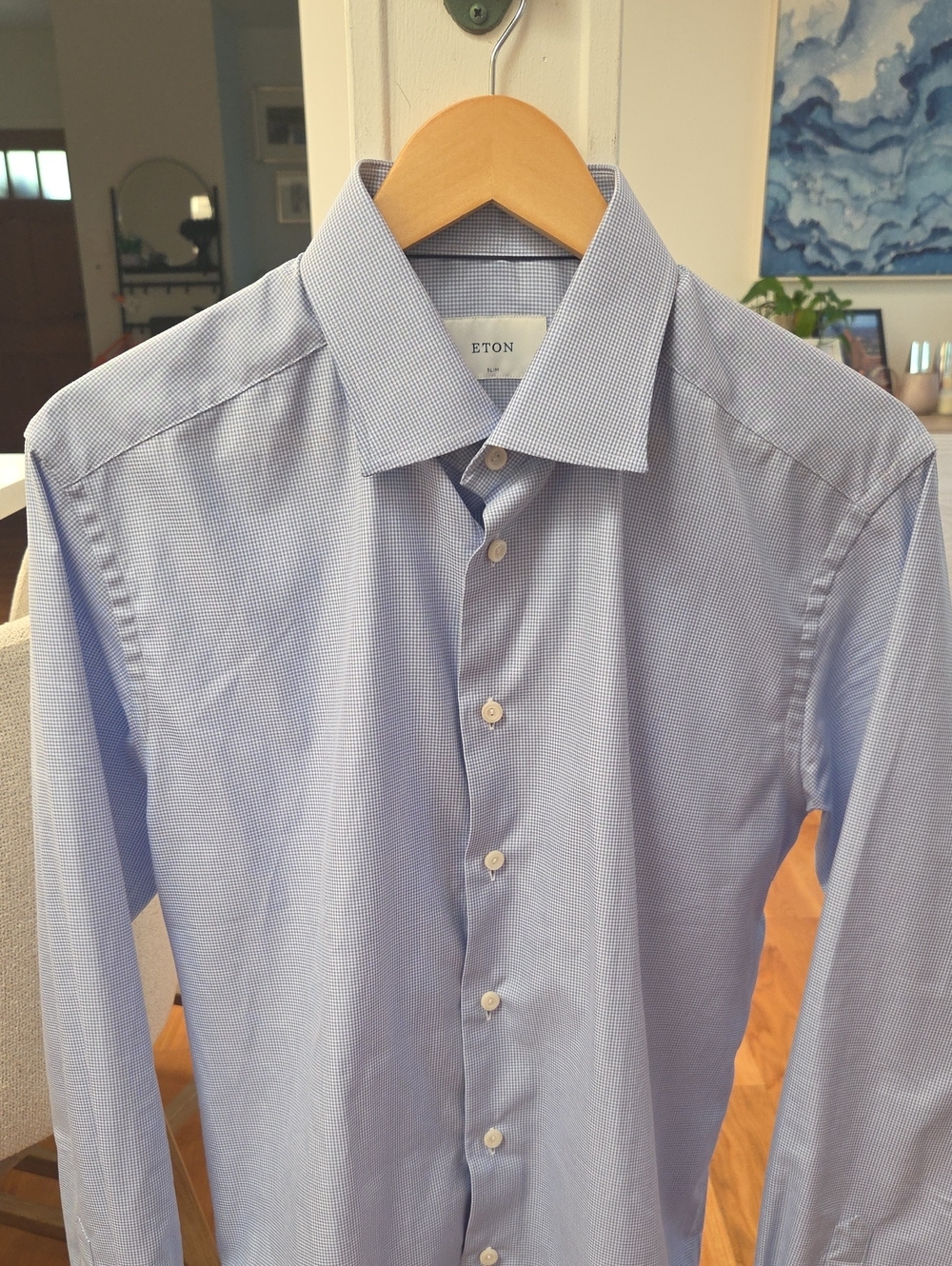 Eton Men's Slim Fit Light Blue Micro-Check Dress Shirt (16.5/42)